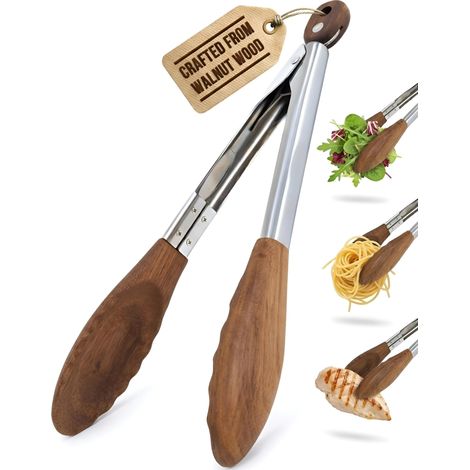 Pince Cuisine Bois de Noyer Kitchen 30 cm Pince en Bois Antiadhésive pour Cuisiner Griller et Servir Embouts Noyer Naturel Renforcée Acier Inox 315 C (1/4)