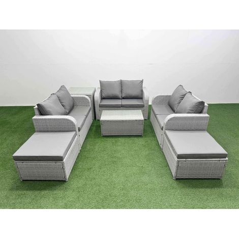 Fimous 8 Seater PE Wicker Rattan Furniture Sofa Sets with Rectangular Coffee Table 2 Seater Love Sofa 2 Big Footstool Side Table Light Grey (1/4)
