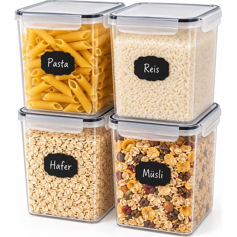 Relaxdays Food Storage Containers, 4-Piece Set, 5.2 l, Airtight Lid, Click Closure, Labels, Transparent (1/5)