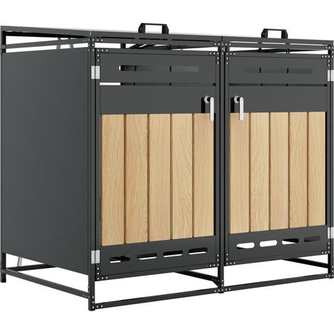 CAIziCoffre pour poubelles avec couvercle hydraulique, parement vertical à effet bois, ventilation à longues fentes perforées, armoire de rangement de jardin en fer avec serrure