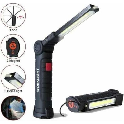 Lampe de travail LED rechargeable avec 800 lumens, base magnétique, 5 modes pour garage, camping, urgences, lampe torche baladeuse LED. (1/5)