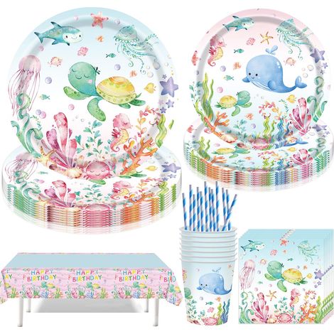 Lot de 61 vaisselle de fête océan - Assiettes de fête sous-marines - Pour fête d'anniversaire sur le thème des animaux marins - Assiettes en carton (1/5)