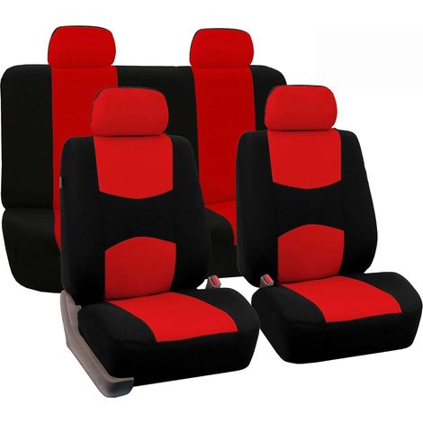 Flache Autositzbezüge aus Stoff, die Vorder- und Rückseite abdecken, erhältlich in Rot und Schwarz mit Gratisgeschenken, universelles Interieurzubehör für Pkw, Lkw und SUVs.