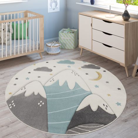 Paco Home Alfombra Infantil Habitación Motivo Montañas Luna Estrellas Pastel Azul Gris Ø 200 cm redon