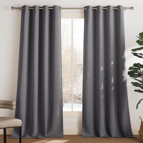– Lot de 2 rideaux occultants thermiques 132x92 cm – Isolation thermique et phonique – Oeillets ronds – Décoration chambre et salon, gris (1/4)