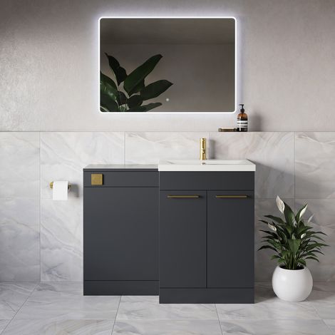 Napoli 390 Gloss Grey 1100mm 2 Door Vanity Unit Toilet Suite with Glide Basin - 1100mm - Brushed Brass 160mm HandleWithout Kingston Toilet Pan