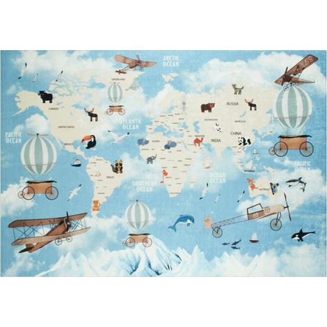 Tapis enfant tissé 80x150 bleu rectangle motif fresque LE MONDE
