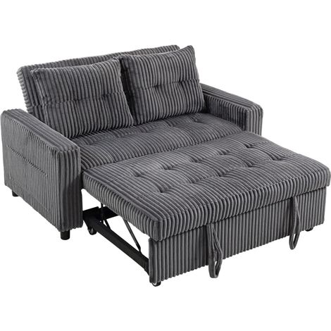 Canapé-lit 2 places gris foncé en velours côtelé avec 2 coussins et poches latérales convertible pour salon chambre et studio (1/5)