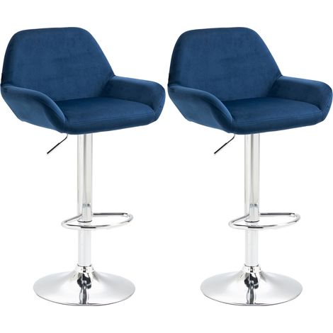 Lot de 2 tabourets de bar repose-pieds en forme d'arc en métal chromé assise en velours bleu TDB10788 (1/5)