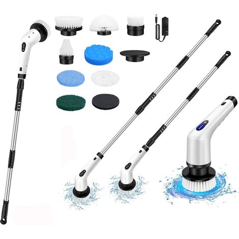 Brosse de nettoyage électrique, brosse de nettoyage sans fil à deux vitesses, équipée d'une batterie de 3,0 AH et d'un chargeur rapide, de 9 têtes de brosse de nettoyage et de poignées réglables, étan