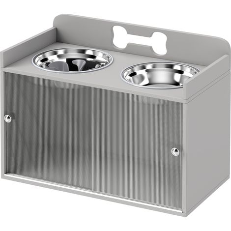 Station de repas surélevée avec 2 gamelles et rangement, MDF, acier inoxydable, motif os, gris (1/5)