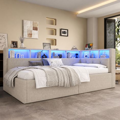 Divano letto 90 x 200 cm con contenitore, USB e Type-C, LED multicolore, beige HAVRYA (1/5)