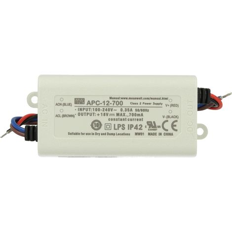 Led Driver CC MW MEAN WELL APC-12-700 Trasformatore 700mA 9V-18V DC 12W Corrente Costante IP42