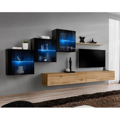 Meuble TV Mural Design "Switch XX" 330cm Naturel & Noir (1/4)