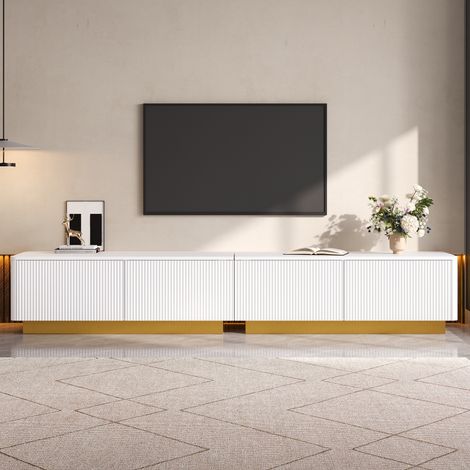 Mueble tv 200 x 40 x 35 cm para salón - mesa baja de televisión moderna en mdf con puertas acanaladas cajones y pasacables - blanco (1/5)