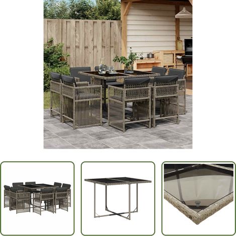 Chaises de jardin - Ensemble à manger de jardin 9 pcs coussins gris résine tressée (1/5)