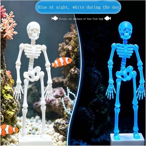 Beyamis Bulleur d'aquarium squelette dansant, ornement crâne articulé de 17 cm avec tuyau d'air, décoration phosphorescente oxygénante pour aquarium à l'occasion d'Halloween, 1 pièce (1/5)