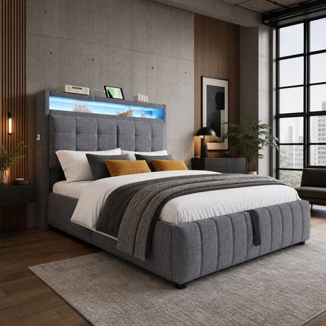 DESMIU Lit adulte 140 × 200 cm avec LED, USB, rangement hydraulique et étagères, sans matelas, gris (1/4)