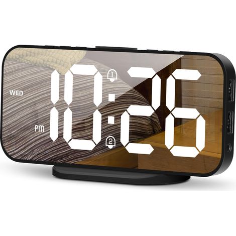 Réveil numérique pour chambre, horloge LED miroir 6,7" avec 2 ports USB chargeur, luminosité réglable, double alarme, répétition, affichage 12/24H, grand écran pour décoration (Noir) (1/5)