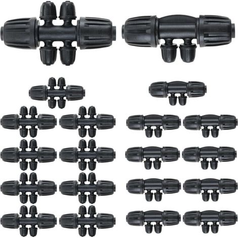 Lot de 20 robinets d'irrigation goutte à goutte 1/2" à 1/4" pour 16 mm (10 pièces Barbed Tee 4 voies + 10 pièces Barbed Tee 6 voies) (1/5)