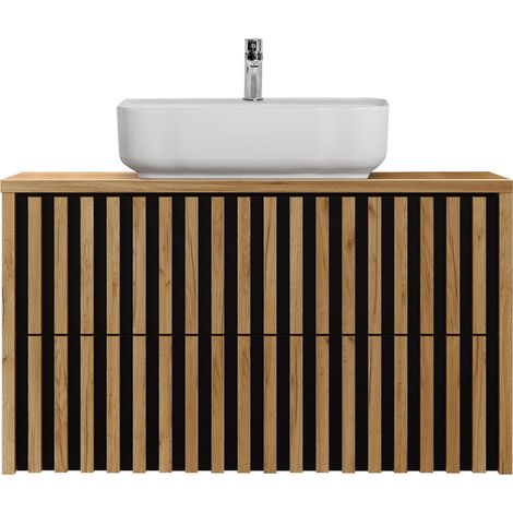 Waschtisch mit Unterschrank 100 cm, Keramik Waschbecken LUCCA-107 in Eiche Nb. mit schwarz, Lamellenfront, B/H/T: ca. 100,4/76,5/45,5 cm (1/5)