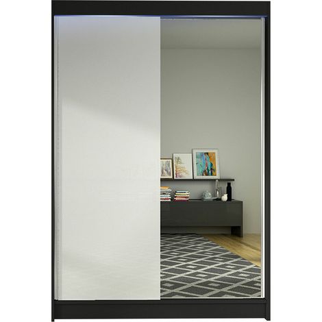 Armoire Closico Salvor I, Noir + Blanc, 200x120x58cm, Portes d'armoire: Coulissantes, Nombre d'étagères: 5, LED: Disponible