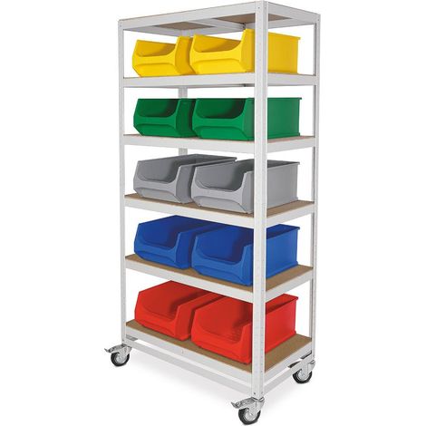 BRB Etagenwagen mit 6 Ebenen, BxTxH 900x500x1905 mm, 4 Lenkrollen, 2 mit Feststellbremse, lichtgrau, bestückt mit 10 bunten Sichtboxen LB2, BxTxH 300x500x200 mm (Bunt)