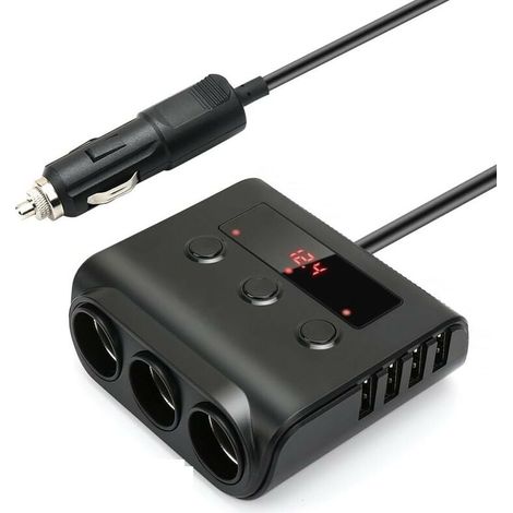 YMYNY Autoladegerät, 3 Steckdosen, Zigarettenanzünder-Steckdosenleiste, 24 V/12 V, USB-Autoladegerät, Mehrfachadapter, Splitter, Voltmeter, Schalter, 4 USB-Anschlüsse für GPS, Dashcam, Tablet, Telefon (1/4)