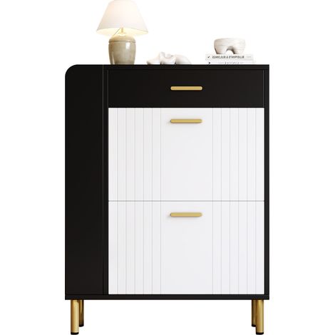 Zapatero estrecho con 2 puertas abatibles, 1 cajón y 3 compartimentos abiertos, 80 x 24 x 105 cm (1/5)