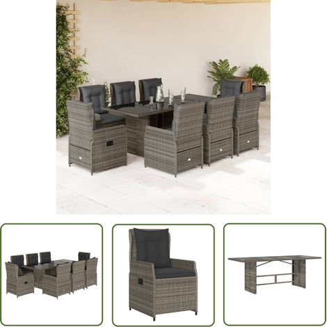 The Living Store 9-tlg. Garten-Essgruppe mit Kissen Grau Poly Rattan - Gartengestelle - Gartenmöbelset - Gartentisch - Gartenstühle - Lounge Möbel