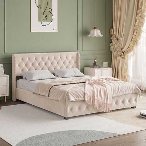 Lit coffre 140x190, lit 140x190 avec sommier, lit deux place avec rangement sous le sommier et vérins à gaz, tête de lit capitonnée avec clous décoratifs, Beige (1/5)