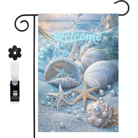 Drapeau de jardin 30 x 45 cm motif coquillages et étoiles de mer style océan toile double face extérieure (1/5)