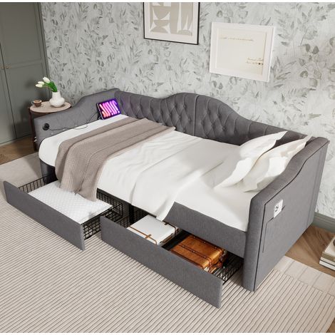 Tagesbett 90/190 cm grau aus Leinen mit USB-C und 2 Schubladen (1/5)