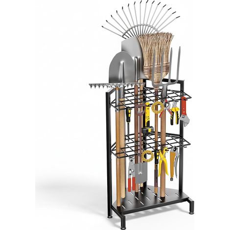 Organiseur Outil de Jardin, Support à Outils d'Angle pour Garage, jusqu'à 34 outils manche, 14 Crochets, Support de Jardin en Acier Résistant avec Pieds Réglables pour Râteaux, Pelles, Balais (1/5)
