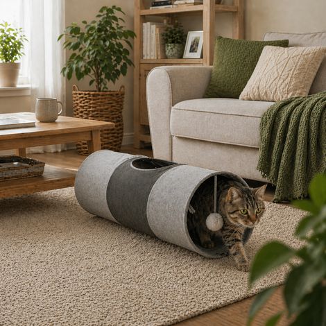 belviona Katzentunnel, faltbarer Spieltunnel für Katzen mit Spielball, erweiterbar, platzsparend & robust, 30x70 cm, grau (1/5)