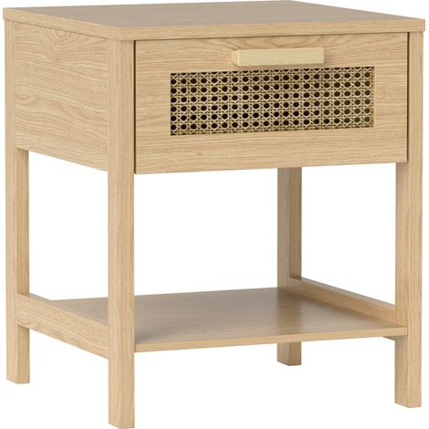 Mesita de noche de madera natural con 1 cajón y balda abierta, diseño ratán, 40 x 40 x 48,4 cm (1/5)