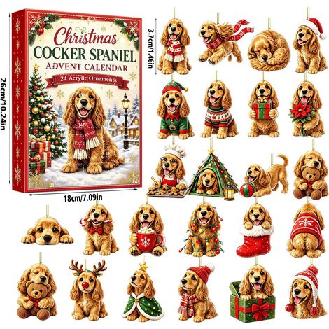 Calendrier de l'Avent Cocker Spaniel - 24 décorations de sapin de Noël 2D en acrylique avec motif chien - Calendrier de l'Avent de 24 jours pour décorer votre sapin et offrir un cadeau original aux am (1/5)