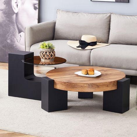 Table basse ronde 61x61x30 cm noir en MDF et verre avec double niveau et design démontable (1/5)