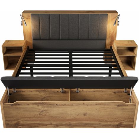Cama doble 160 x 200 cm con colchón, cabecero elevable, almacenaje y luces USB, roble (1/5)