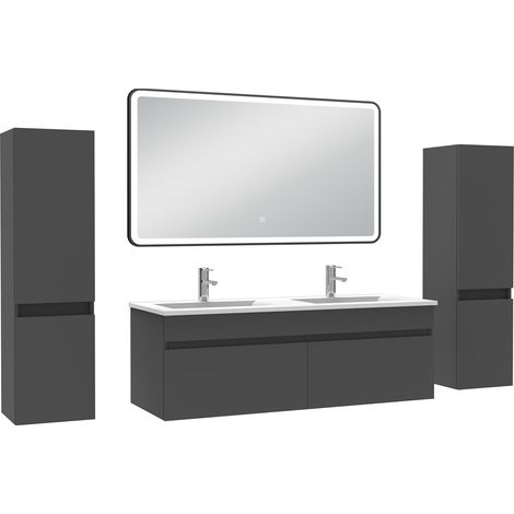 Ocean Meuble double vasque anthracite 120cm avec colonne + miroir 3 couleurs + dimmable