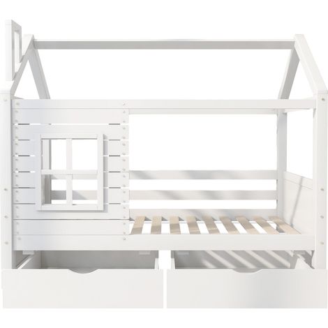 Cama cabaña infantil 90 x 200 cm de madera de pino con cajones y somier blanco MODENUIT (1/5)