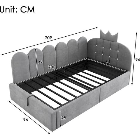 Banquette-lit capitonnée velours gris ajouré 90x200 cm avec rangement hydraulique canapé-lit d'angle