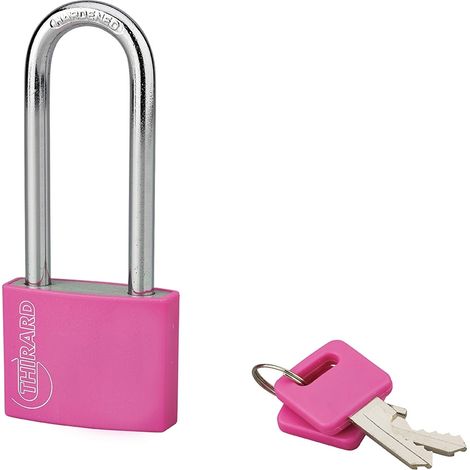 Lucchetto Maxium Color 40mm, arco alta 63mm acciaio temprato, rosa, corpo alluminio, 2 chiavi - THIRARD