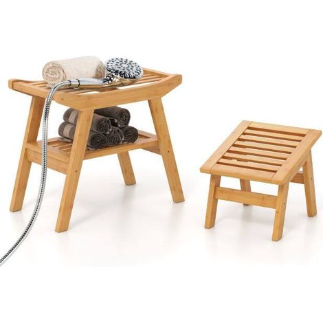 Banc de douche en bambou avec repose-pieds et étagère, pieds antidérapants pour salle de bain, entrée et extérieur (1/2)