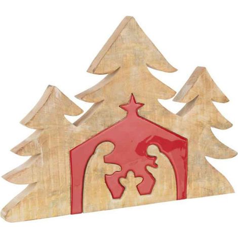 Statuette Déco Bois "Puzzle Nativité" 55cm Rouge (1/3)