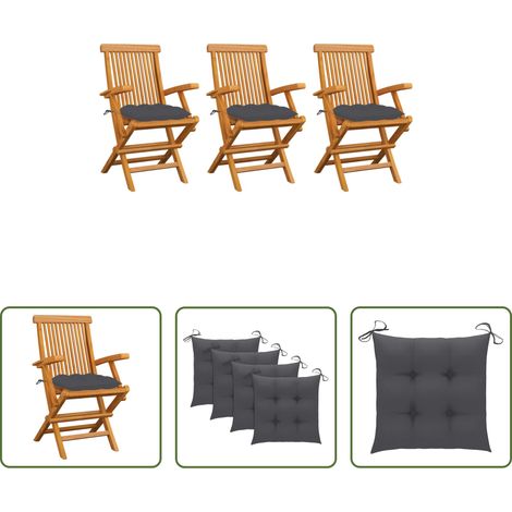 Chaise de jardin teck - Chaises de jardin avec coussins anthracite lot de 3 Bois teck (1/5)