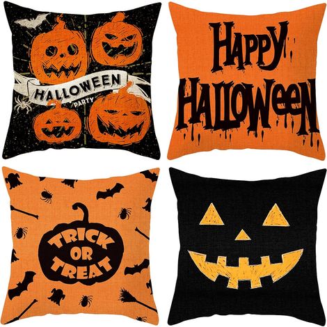 4-teiliges Halloween-Kissenbezug-Set, 45 x 45 cm, quadratischer Kissenbezug, Kissenschutz mit verdecktem Reißverschluss für Sofa, Schlafzimmer, Wohnzimmer, Heimdekoration, Schwarz und Orange, 45,7 cm (1/4)