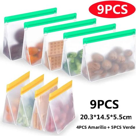 9 Pièces 20,3x14,5x5,5cm Sacs de conservation alimentaires réutilisables en silicone et PEVA, étanches, avec étiquette en haut pour congélateur et sandwiches (1/4)