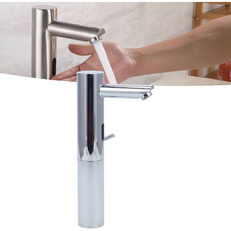 Intelligente, berührungslose Armatur, automatische Armatur, integrierte Waschtischarmatur mit Warm-/Kaltwassersensor für Zuhause/Hotel, Kupfer-Silber-Finish, batteriebetrieben (AA). (1/5)