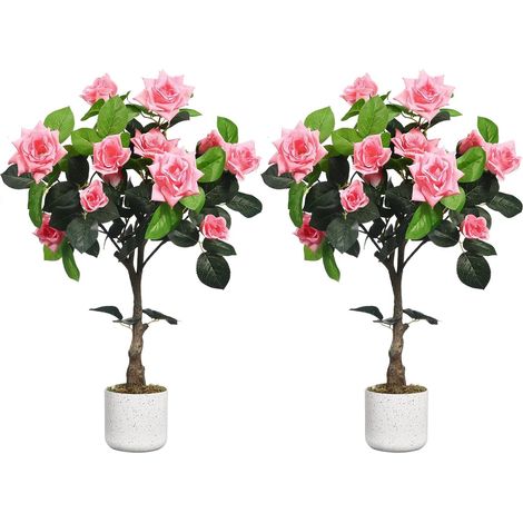 Lot de 2 Rosiers Artificiels Rose 75cm, Plante en Pot avec Tige Écologique, Plante Décorative Réaliste sans Entretien pour Intérieur Extérieur Salon Jardin (1/4)